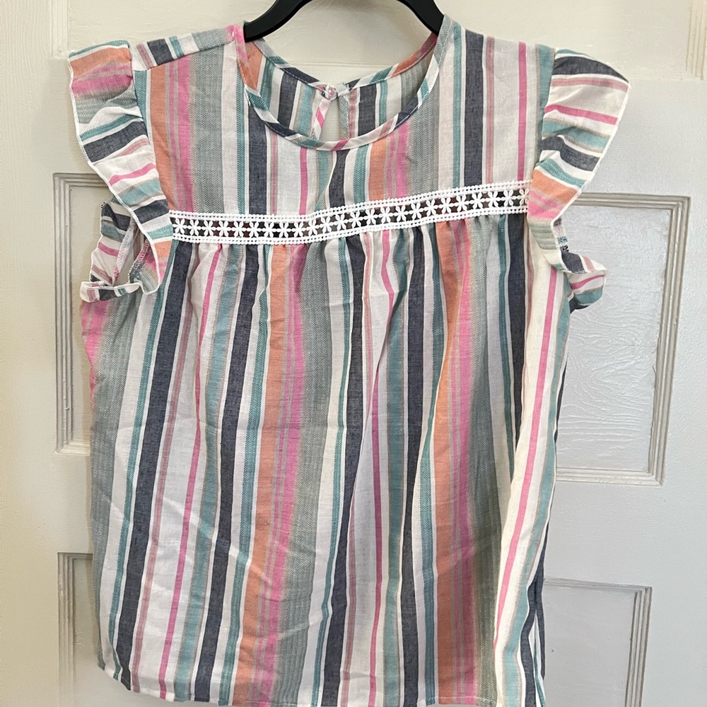 SHEIN Pink, Teal & Gray Striped Flutter Sleeve Blouse